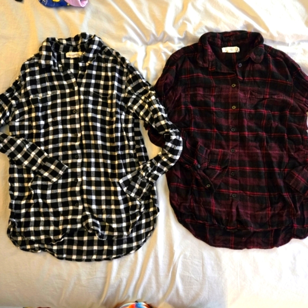 H&M Two LOGG flannel button down burgundy plaid & black white gingham